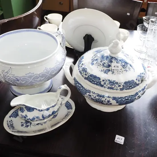 large blue and white soup tureen , gravy boat, 1 tureen missing lid