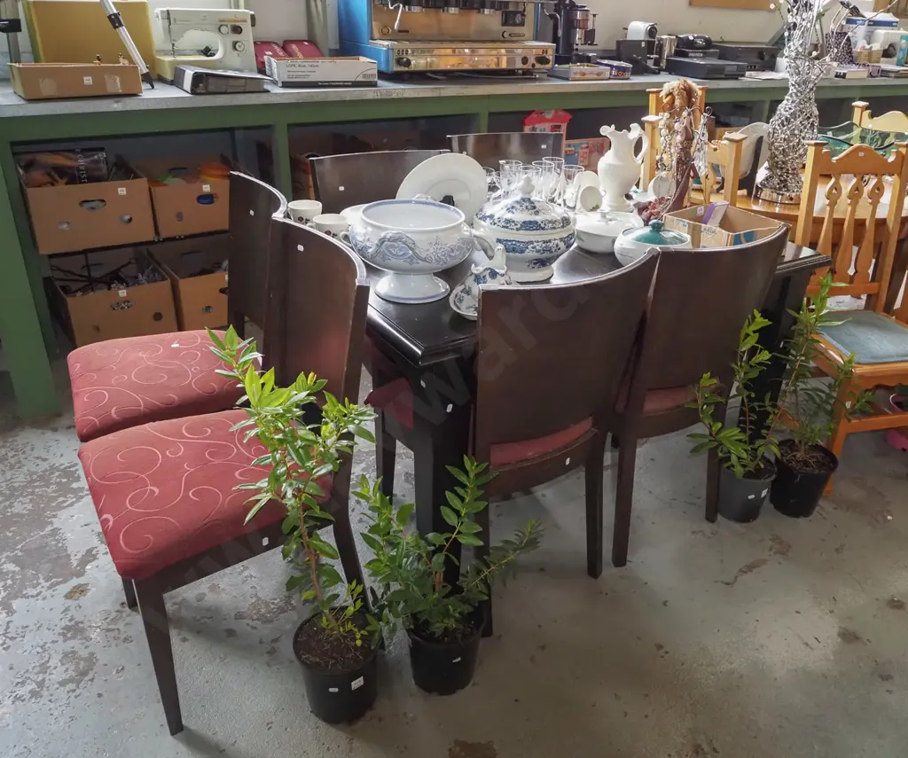 dark stained pine extending dining with 6 upholstered chairs - scratching to table surface Image 1++