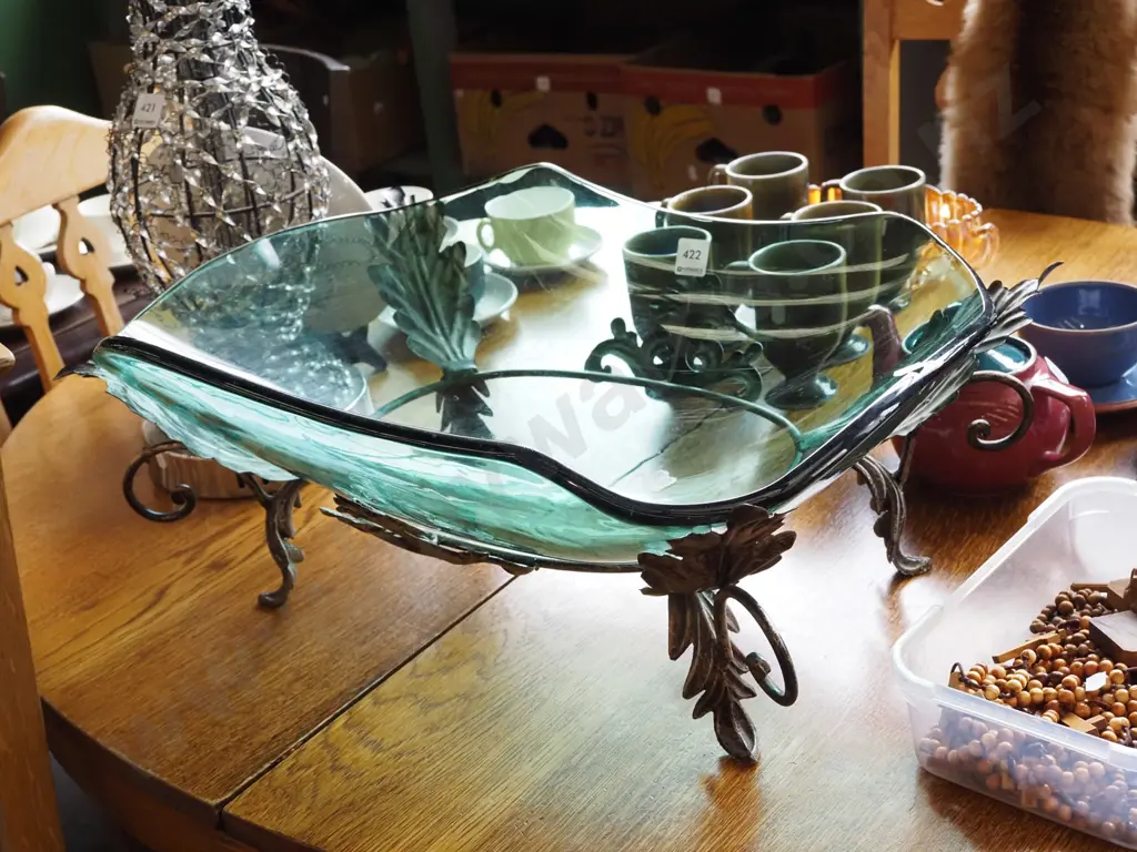 large green glass bowl on wrought stand Bowl diam515 Image 1++