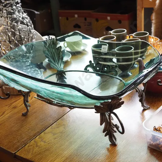 large green glass bowl on wrought stand Bowl diam515