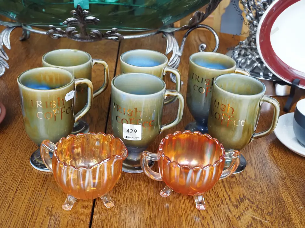 6x Wade Irish coffee cups, carnival glass creamer and sugar Image 1++