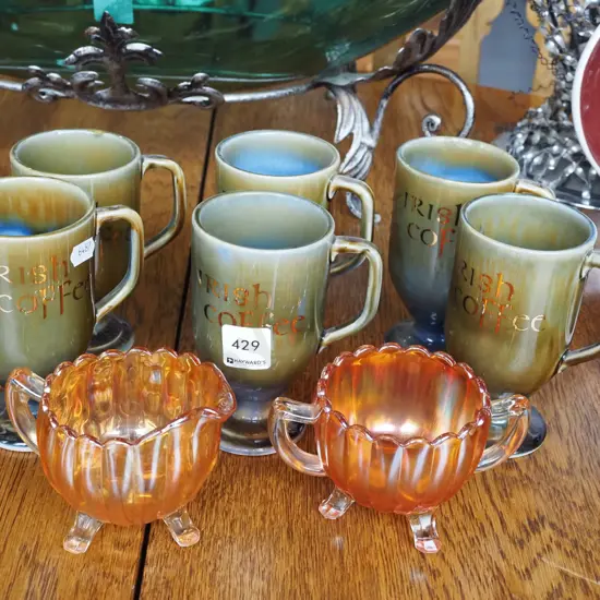 6x Wade Irish coffee cups, carnival glass creamer and sugar