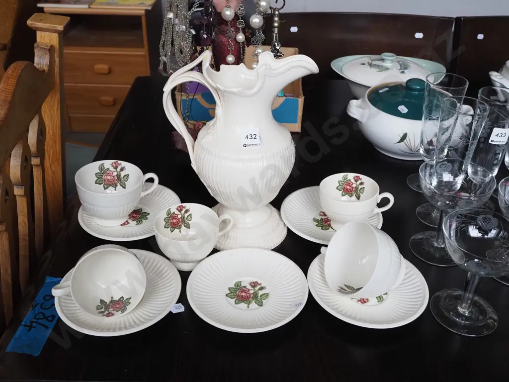 ornate Wedgwood water jug, 5 Moss Rose cups and saucers Image 1++