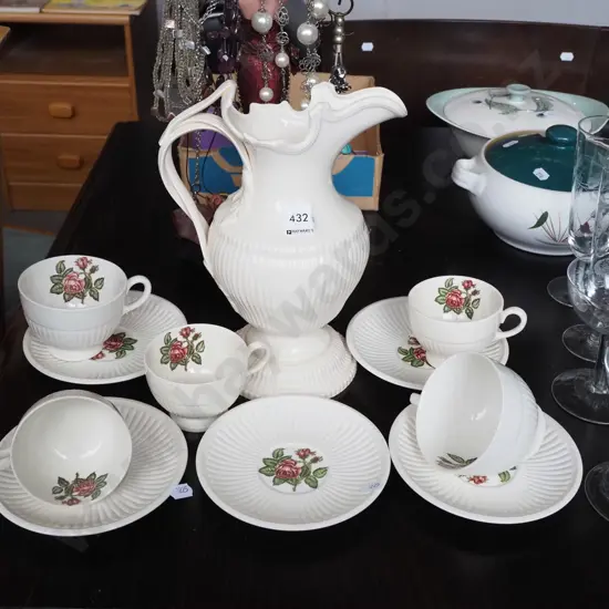 ornate Wedgwood water jug, 5 Moss Rose cups and saucers