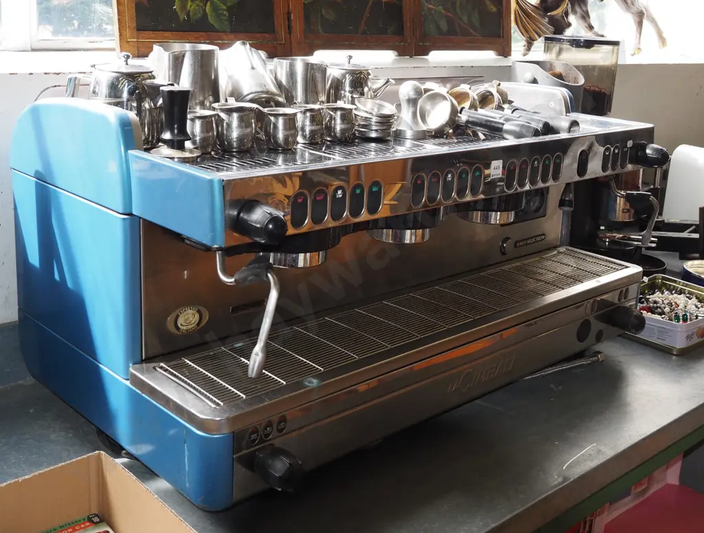 Cimbali 3 head commercial coffee maker with 5 handles, jugs, tampers etc Image 1++