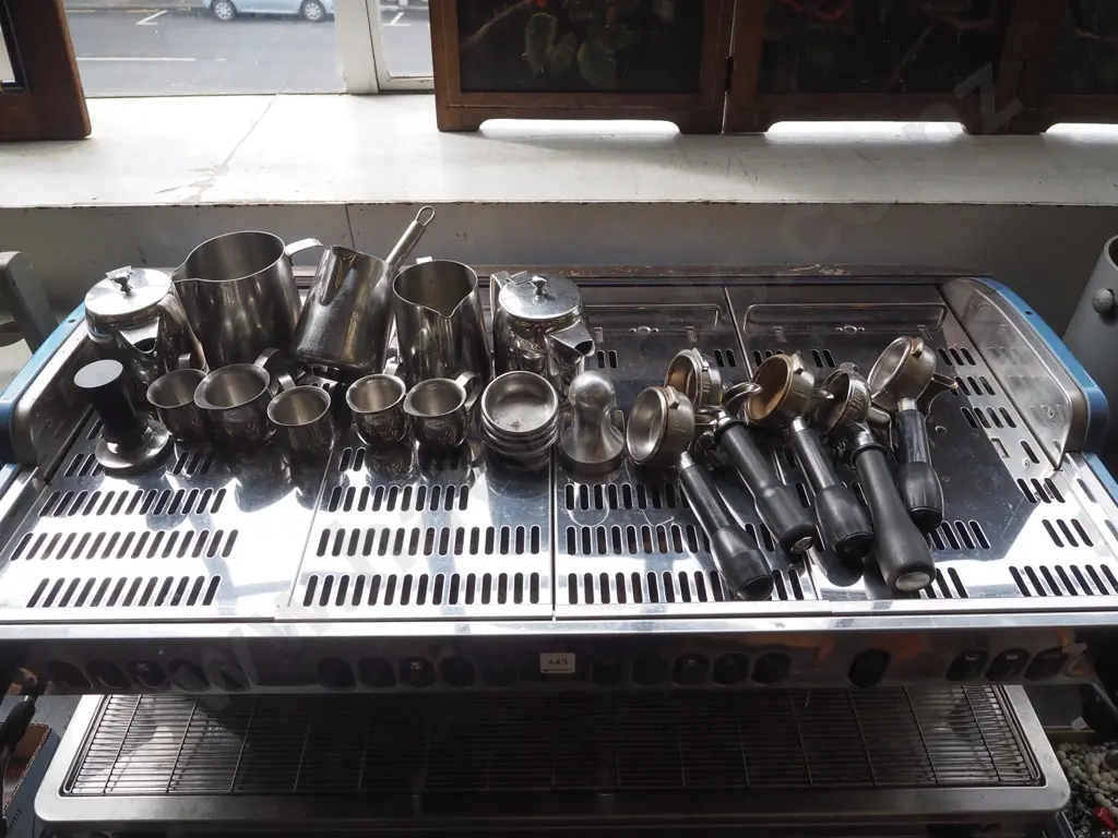 Cimbali 3 head commercial coffee maker with 5 handles, jugs, tampers etc Image 1++