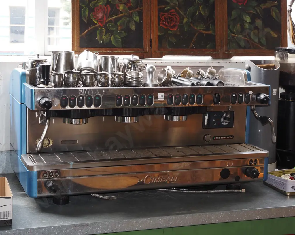 Cimbali 3 head commercial coffee maker with 5 handles, jugs, tampers etc Image 1++