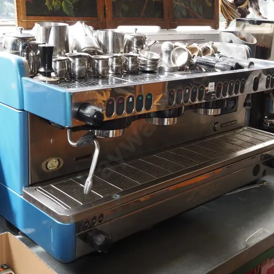 Cimbali 3 head commercial coffee maker with 5 handles, jugs, tampers etc