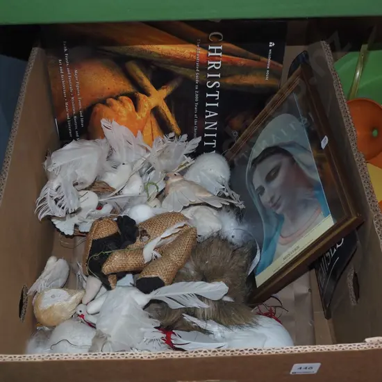 box; various bird figurines, christianity book, print etc