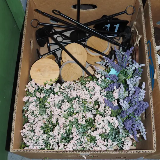 café table numbers and stands, faux flowers, canister lids etc