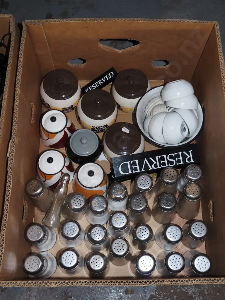 box; café salt and peppers, sugar canisters, reserve signs etc Image 1++