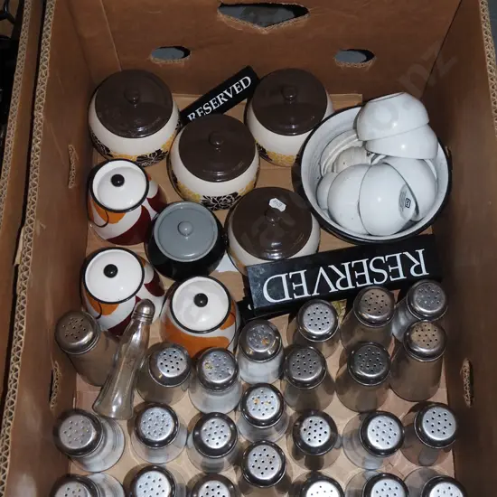 box; café salt and peppers, sugar canisters, reserve signs etc