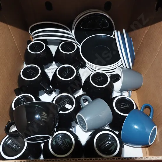box; assorted Acme coffee cups and saucers
