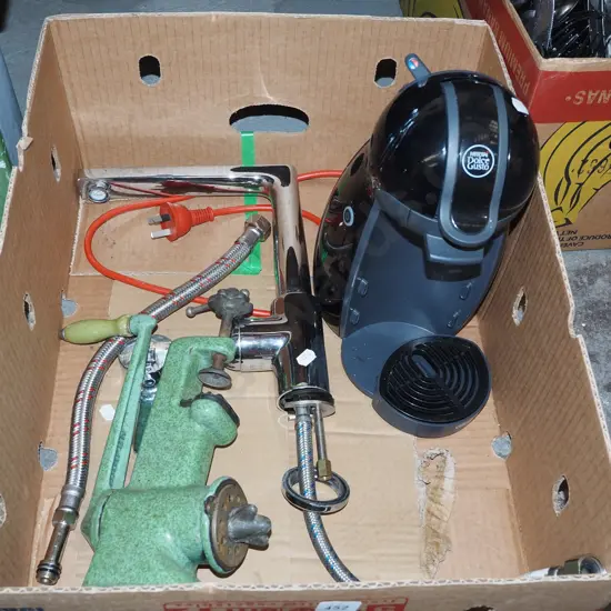 box; green speckled bench top mincer, sink tap, nescafe dolce gusto