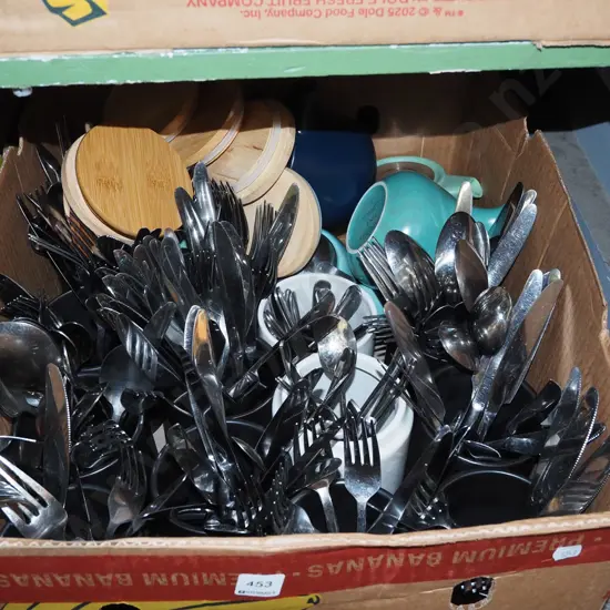 box; café teapots, numerous canisters of cutlery etc