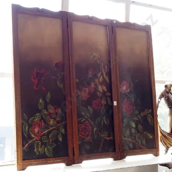 small hand painted oak 3 fold screen Overall H910 W1170
