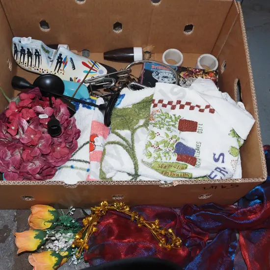 box; tea towels, faux flowers, candlesticks etc