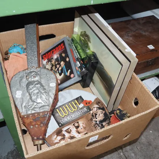 box; oil on boards, bellows, DVDs etc