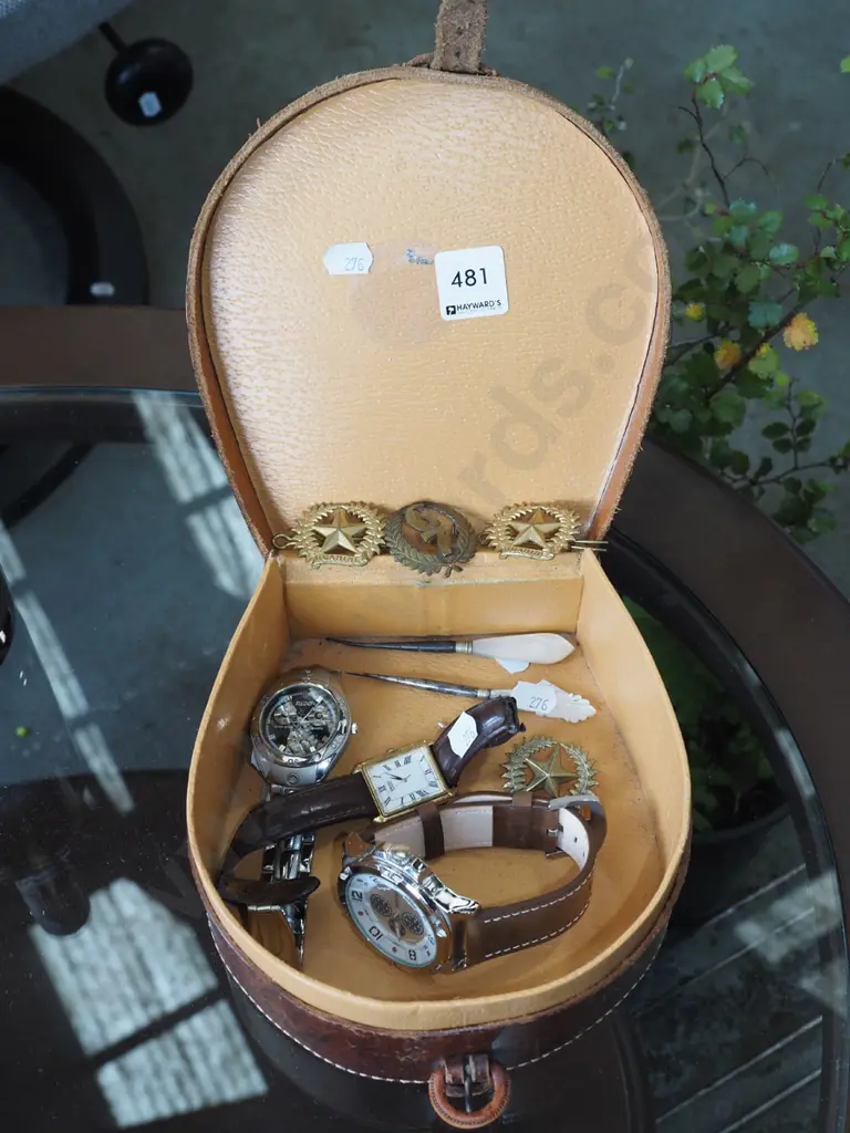 leather collar box, watches, badges etc Image 1++