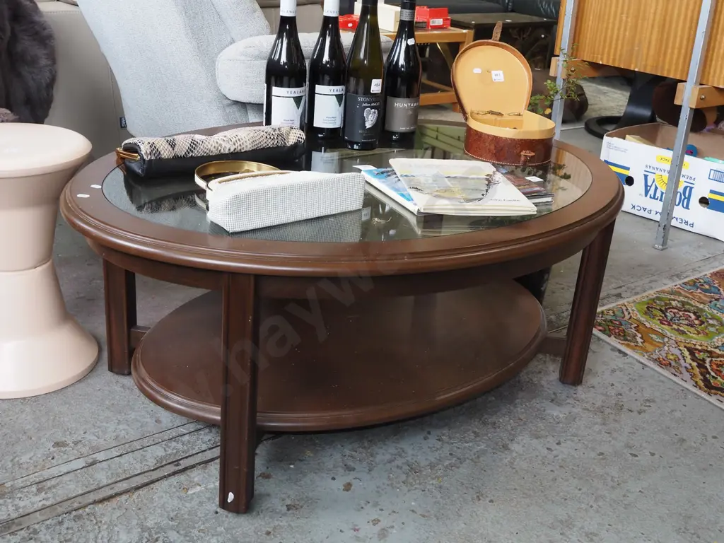 mdf wood veneer oval 2 tier glass top coffee table H450 W1180 Image 1++