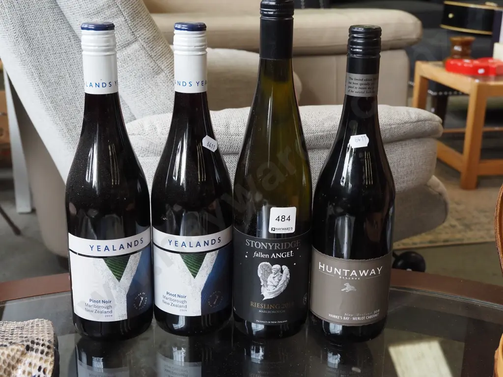 4x bottles of wine; 2x Yealands pinot noir 2019, 1x Stoneyridge reisling 2018, Hunterway Reserve merlot cabernet 2018 Image 1++