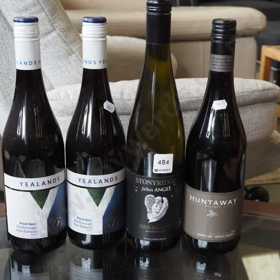4x bottles of wine; 2x Yealands pinot noir 2019, 1x Stoneyridge reisling 2018, Hunterway Reserve merlot cabernet 2018