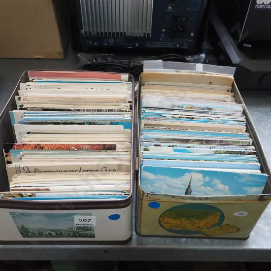 2x tins of postcards - blue dots