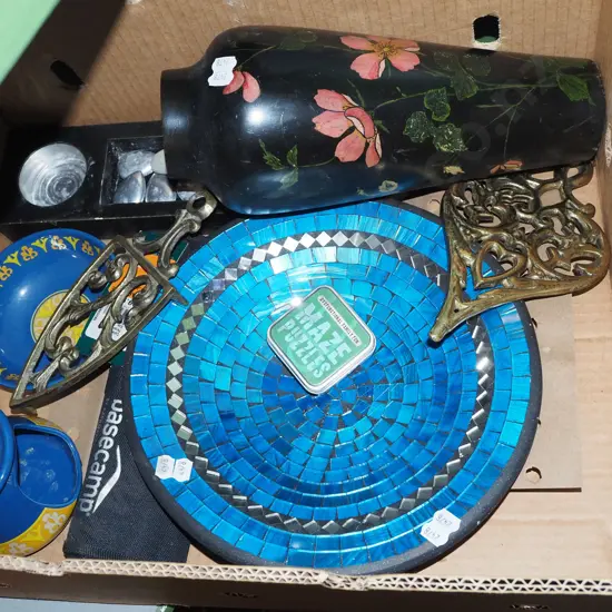 box; mosaic bowl, trivets, wooden vase etc
