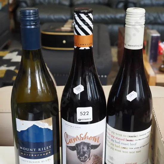 3x bottles of wine; Squealing Pig pinot noir 2018, Mt Riley sauvignon blanc 2019, Camshorn pint noir 2019