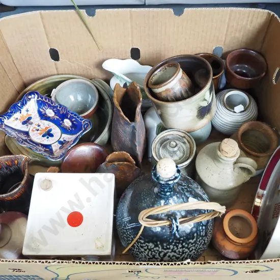 box; studio pottery bottles, vases, goblets etc