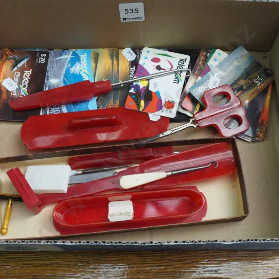 box; Telecom phone cards, mid century dressing table set