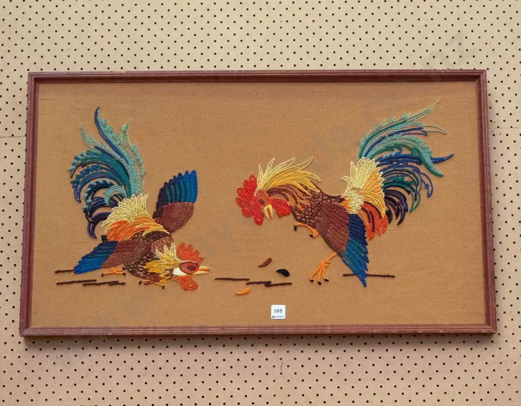 retro framed needlework - roosters Image 1++