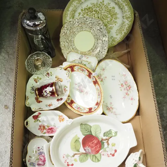 box; dishes, coffee plunger, candlestick etc