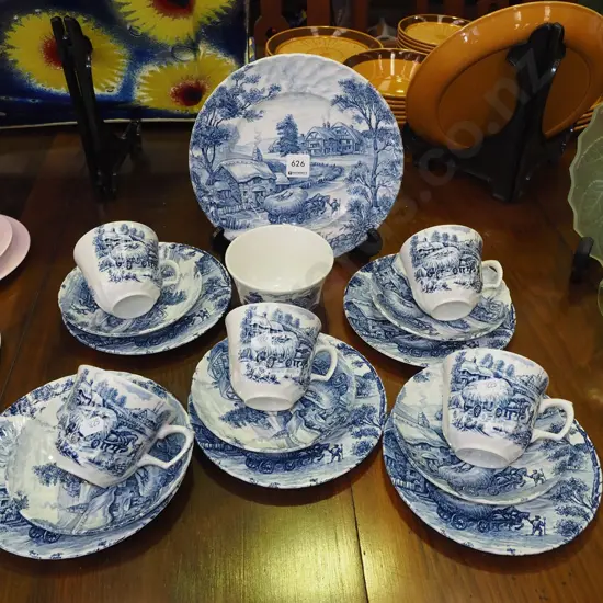 Ridgway blue and white trios, bowl, plate