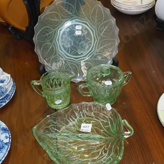 depression glass bowls, lidded canister, jug