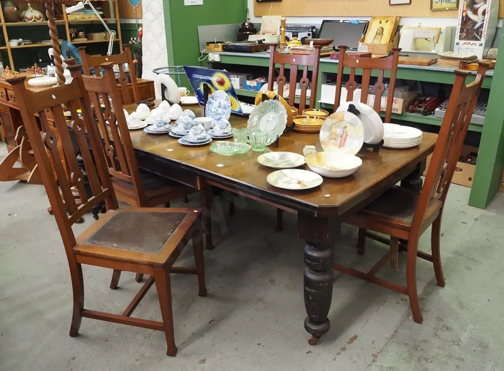 colonial kauri restorer's extending dining table with 6 leather upholstered high back arts and crafts chairs Image 1++
