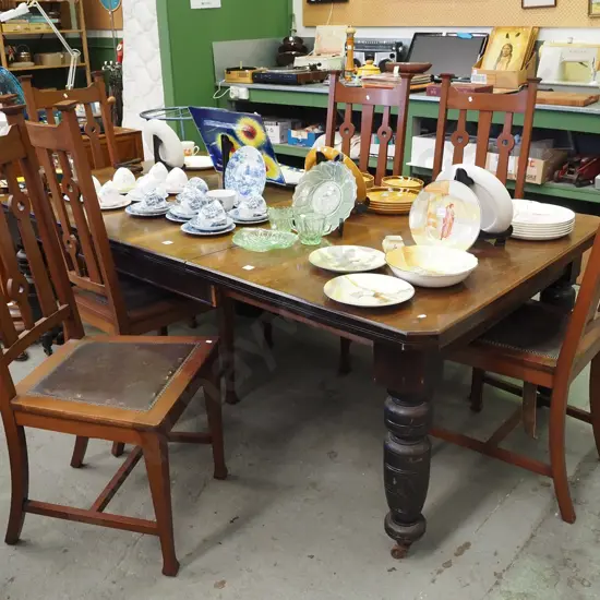 colonial kauri restorer's extending dining table with 6 leather upholstered high back arts and crafts chairs
