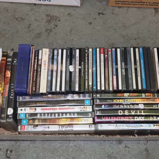 box of DVDs, CDs
