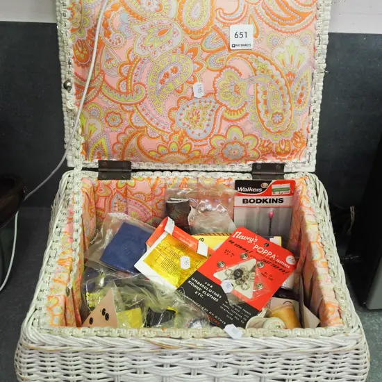 cane sewing box and contents