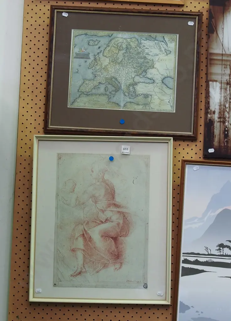 framed Michelangelo print, framed map of Europe print - blue dots Image 1++