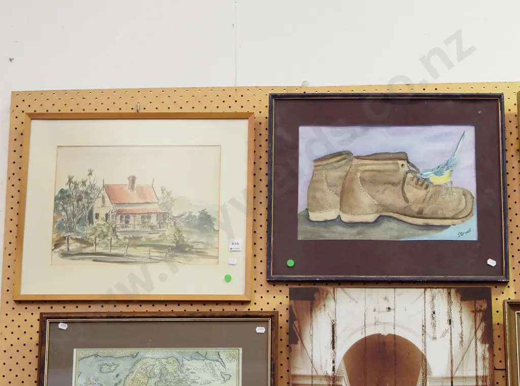 2x framed watercolours - old boots, farmhouse - green dots Image 1++