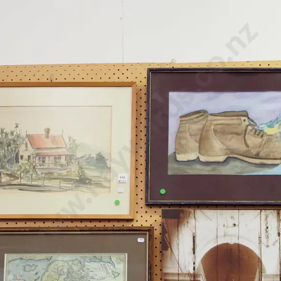 2x framed watercolours - old boots, farmhouse - green dots