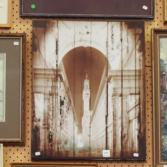 framed print on boxed canvas - archway and tower