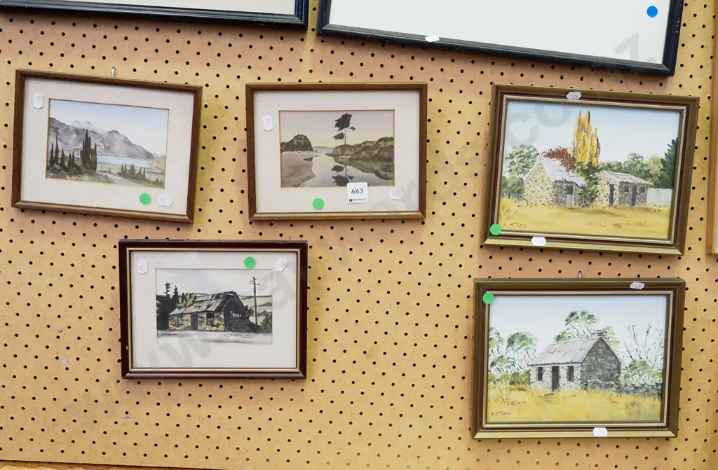 2x framed oils, 3x framed hand coloured prints- landscapes - green dots Image 1++