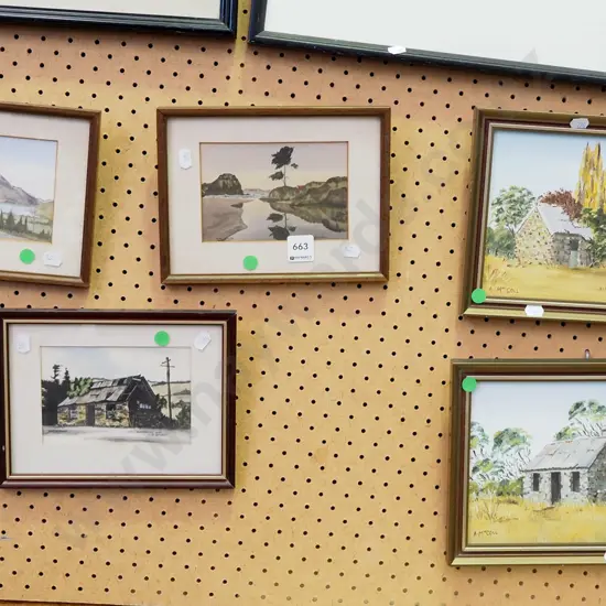 2x framed oils, 3x framed hand coloured prints- landscapes - green dots