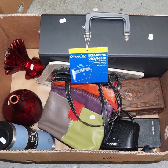 box; organiser, digital alarm clock, hand bag etc