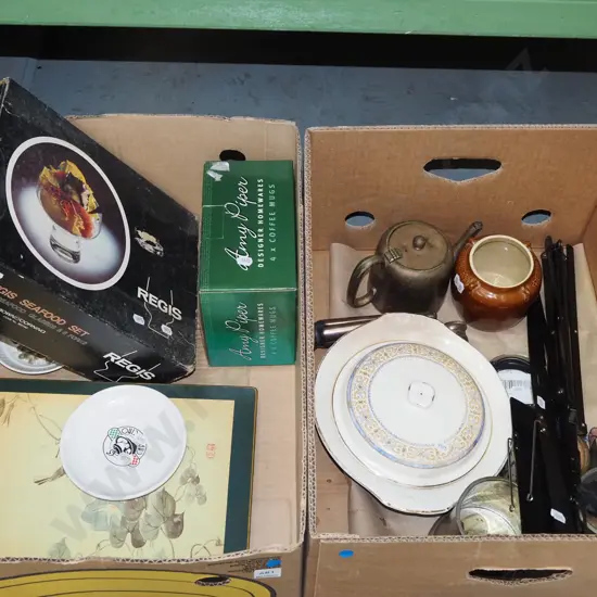 2x boxes; placemats, music stand, glass ware etc