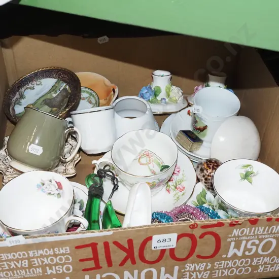 box; tea cups, candlesticks etc