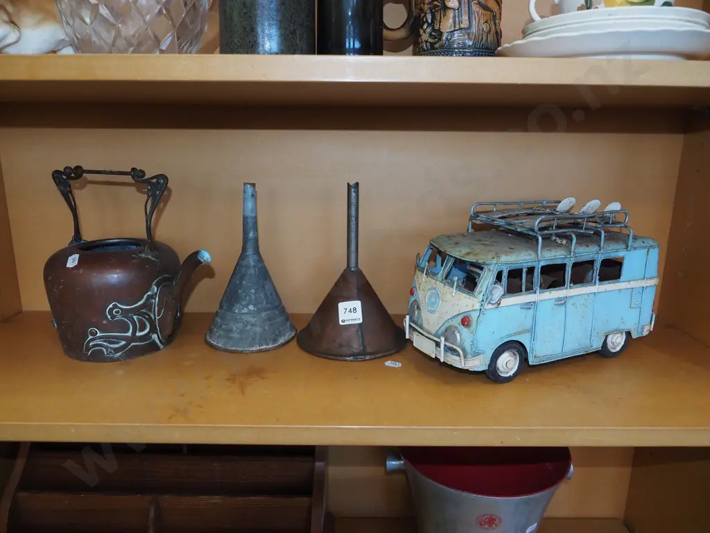 shelf; vintage funnels, copper tea pot - no lid, rusty VW Kombi Image 1++