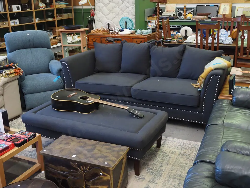 charcoal upholstered chesterfield 3 seater settee with matching ottoman - dome trim H750 W1220 D930 Image 1++